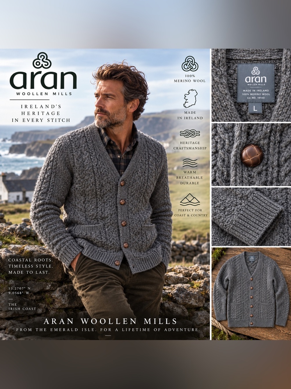 Aran Woollen Mills Cardigan Mens L 100% Merino Wool Irish Cable Knit Ireland